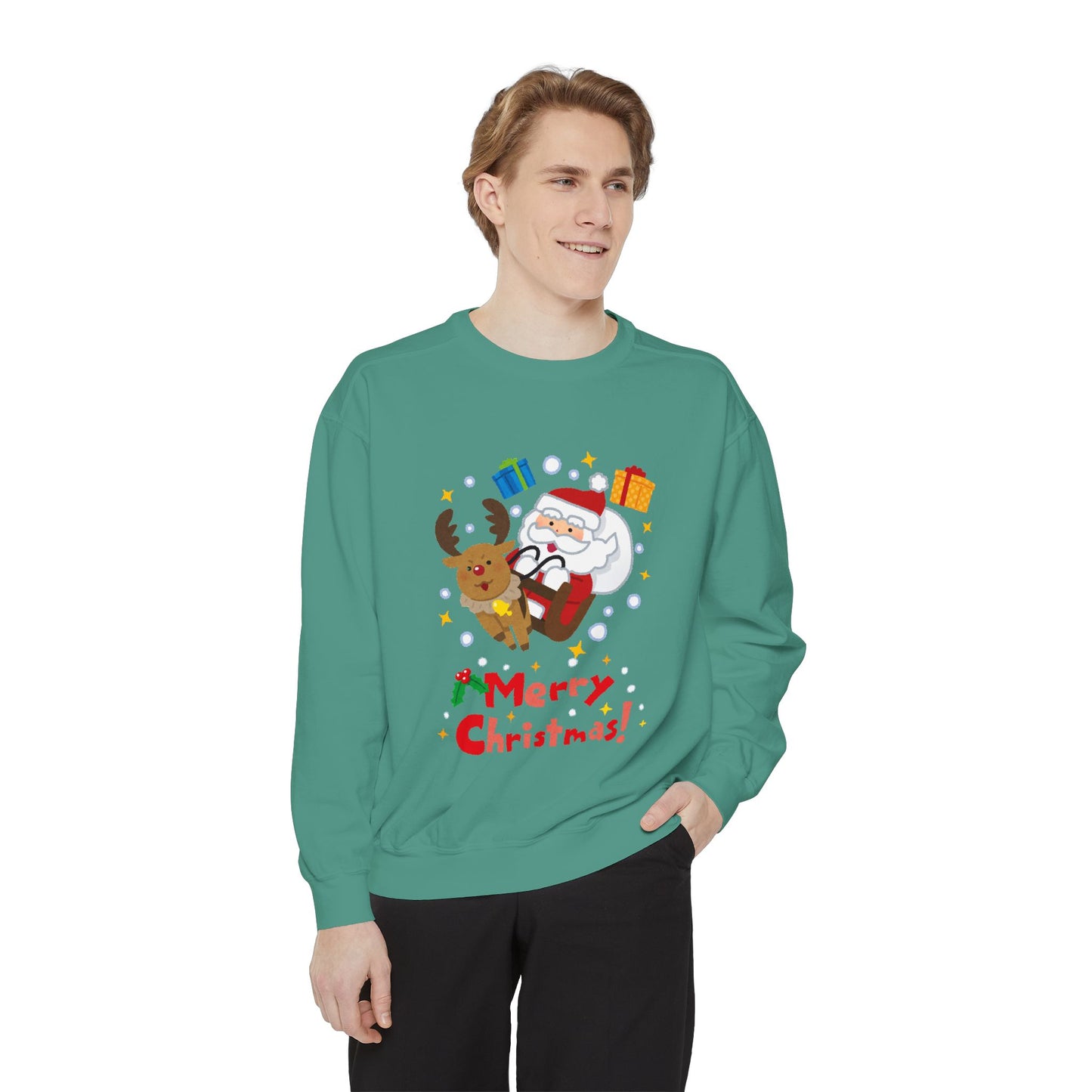 Adult Santa Sleigh Merry Christmas Sweat Shirt