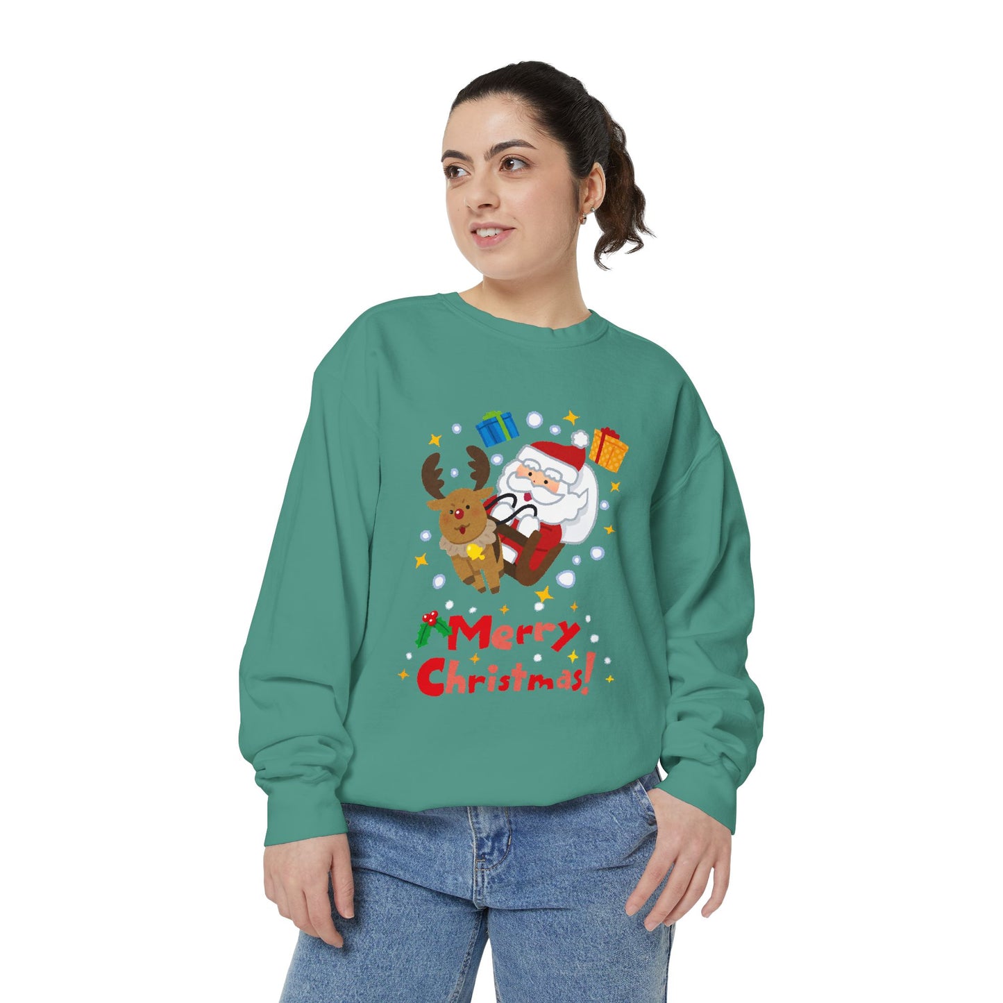 Adult Santa Sleigh Merry Christmas Sweat Shirt